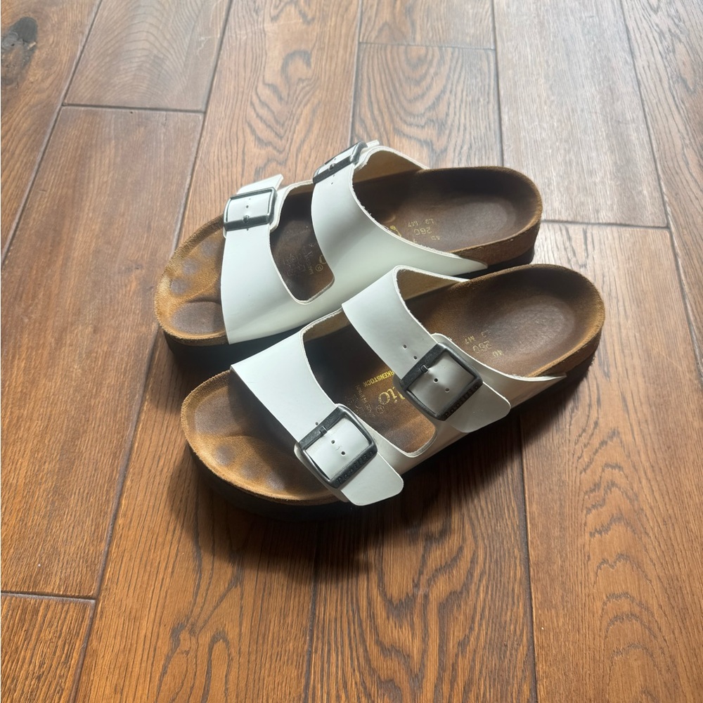 Papillio x Birkenstock White Leather Double Strap Sandals with Silver Buckles